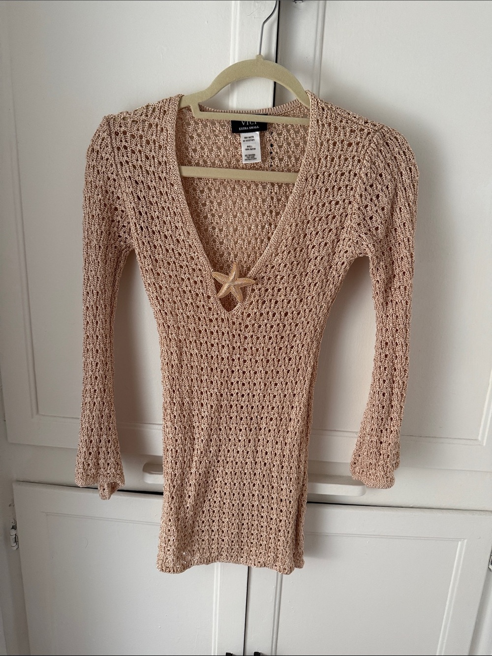 Vici Crochet Deep V Mini Dress in champagne gold